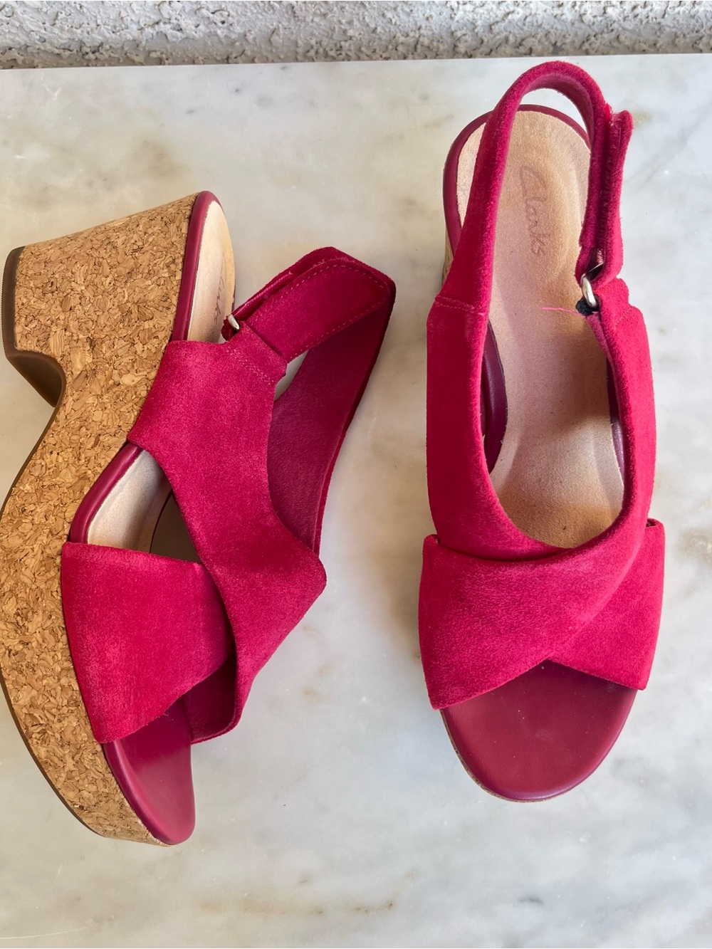 Clark pink suede crisscross heels 7